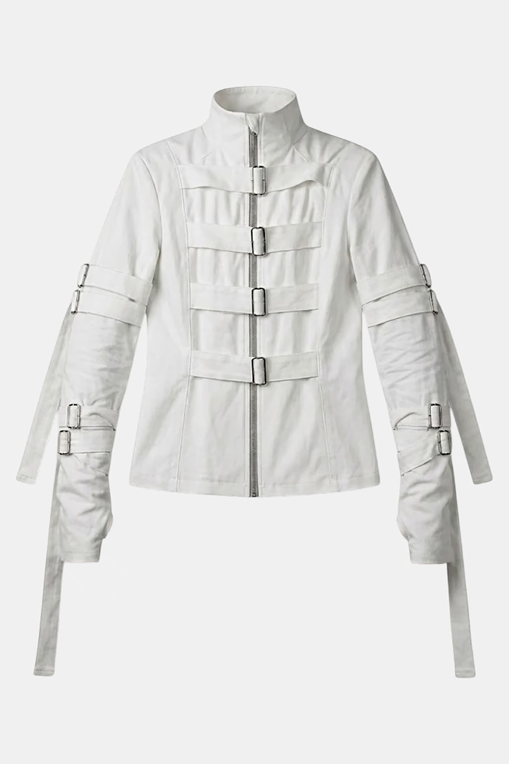 Camisole Jacket - white structured jacket with buckled straps across sleeves and body, front view
