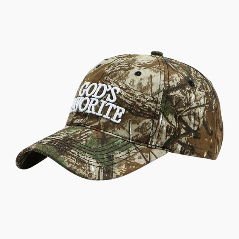 Camo Baseball Cap - realistic camo print cap with embroidered text, front view