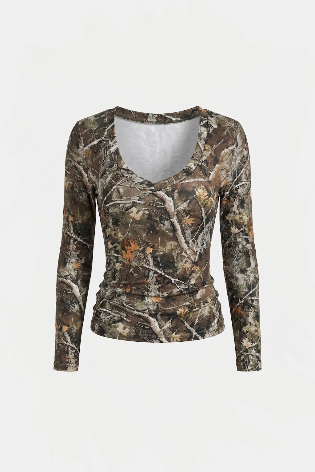 Camo Long Sleeve Crop Top - realistic tree camo mesh top with deep V neckline and ruched sides, front view