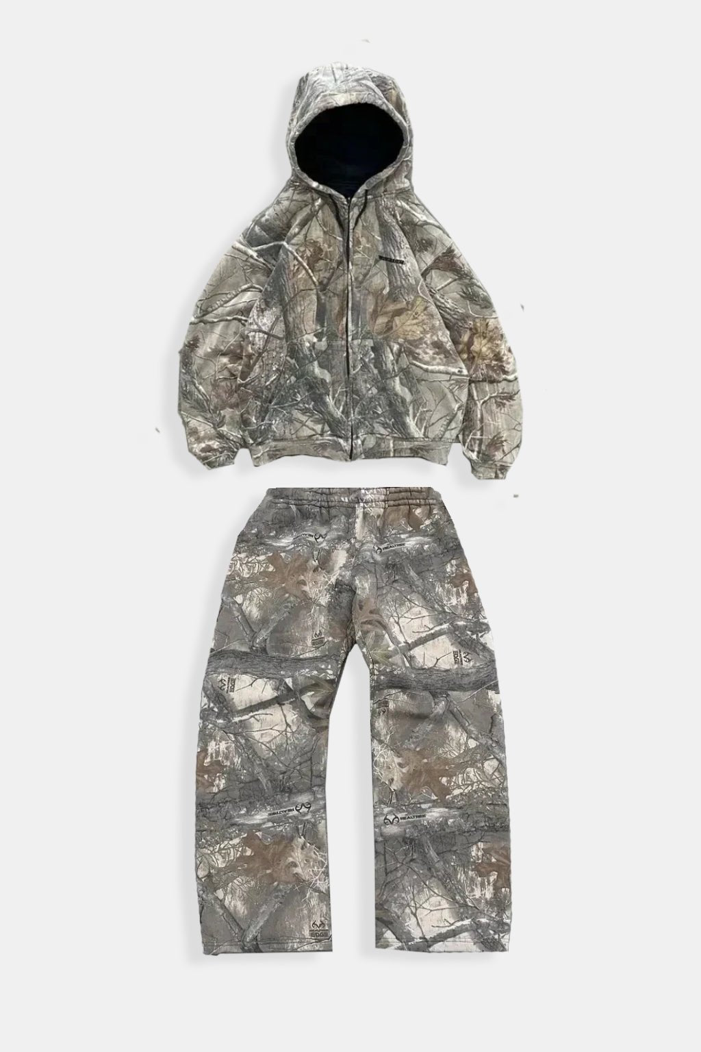 Camo Tracksuit Set - realistic camo hooded jacket and joggers, front view