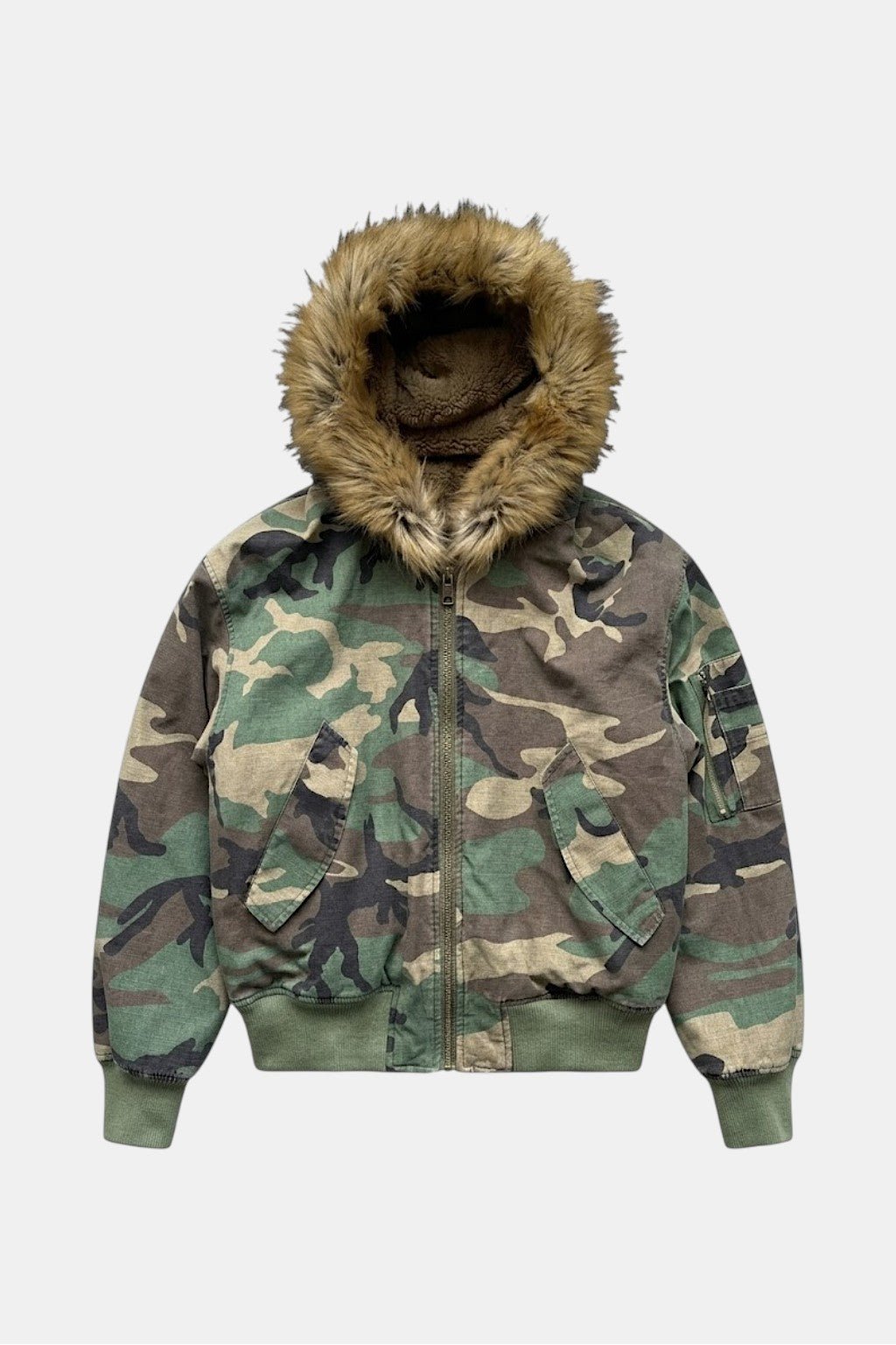 Camouflage Jacket With Fur Hood - army green camo bomber with faux fur trimmed hood, front view