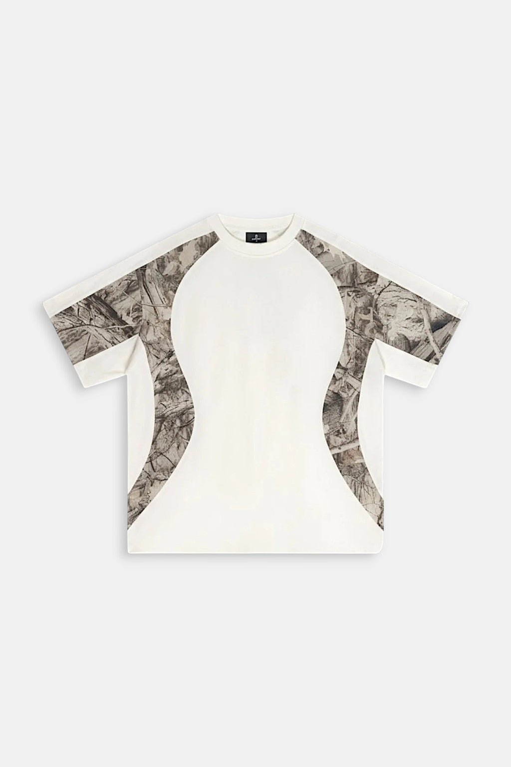 Camouflage T Shirt - off-white t-shirt with camo print raglan sleeve panels, front view