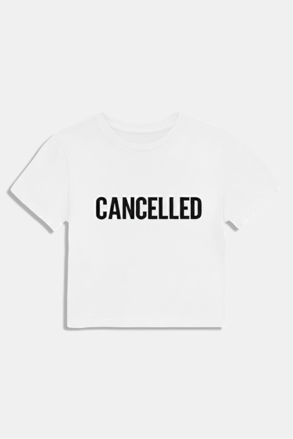 Cancelled T Shirt - white cropped t-shirt with Cancelled text and cross graphic, front view