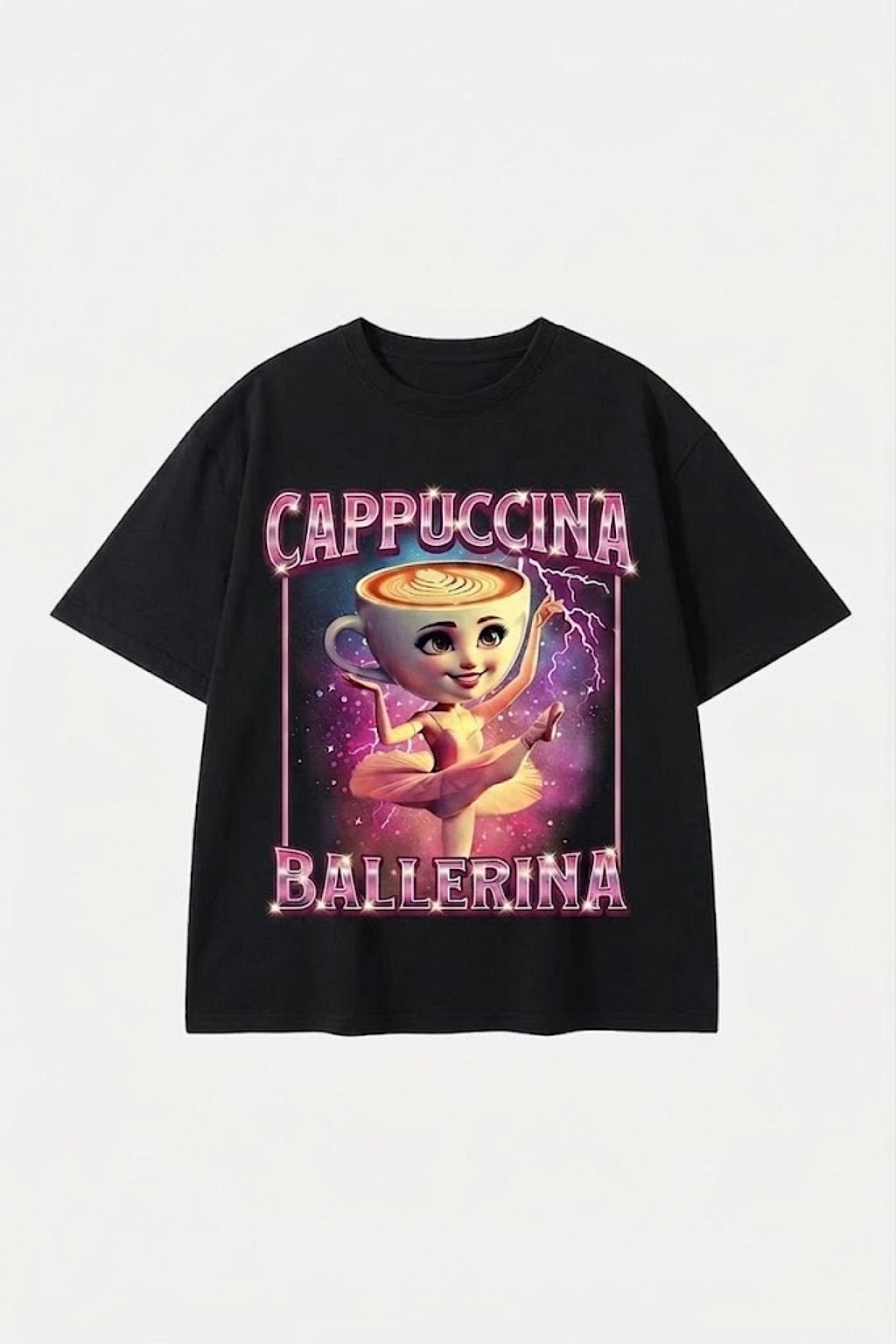 Cappuccina Ballerina T Shirt - black t-shirt with cappuccina ballerina character graphic, front view
