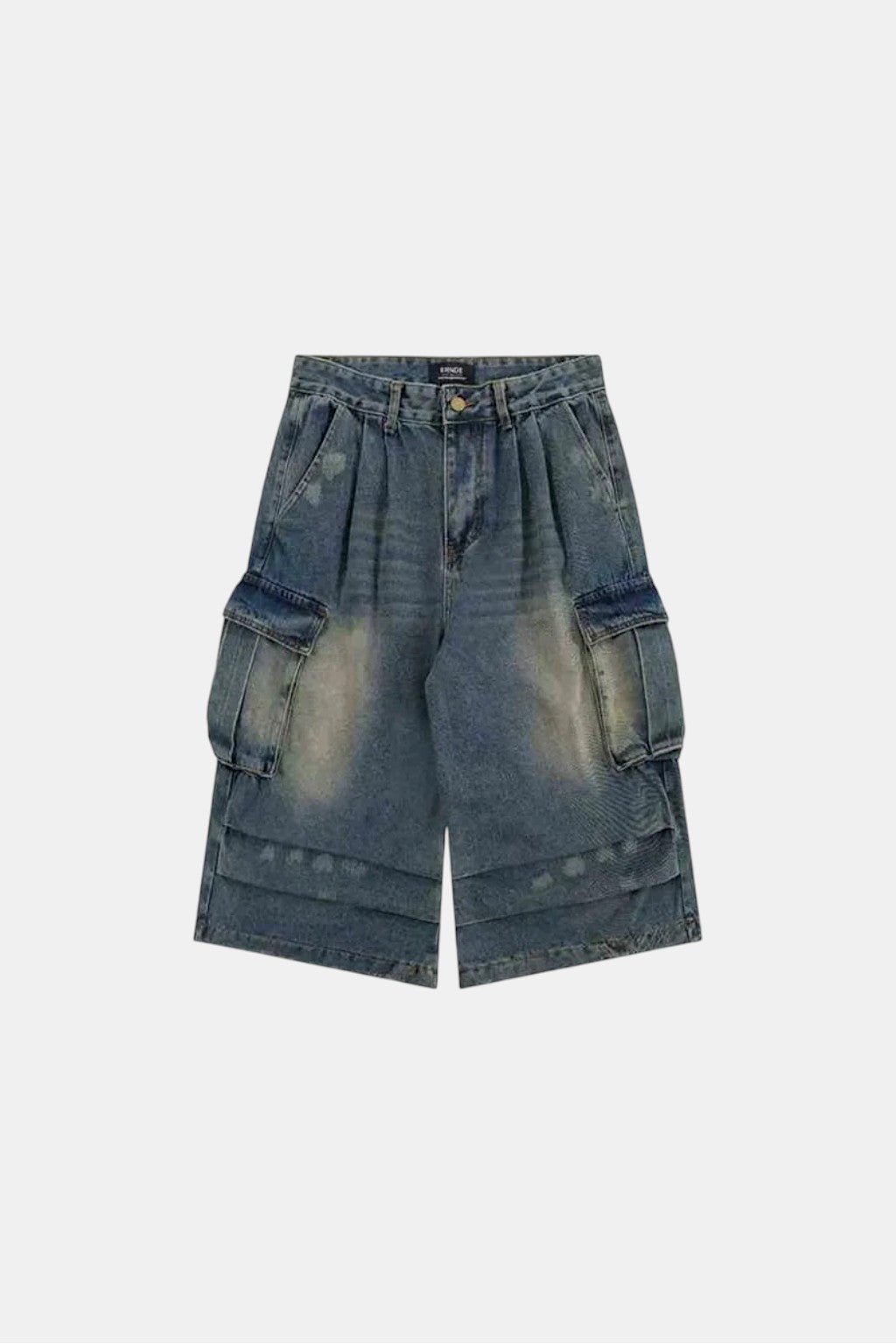 Cargo Shorts - faded blue denim cargo shorts with thigh pockets, front view