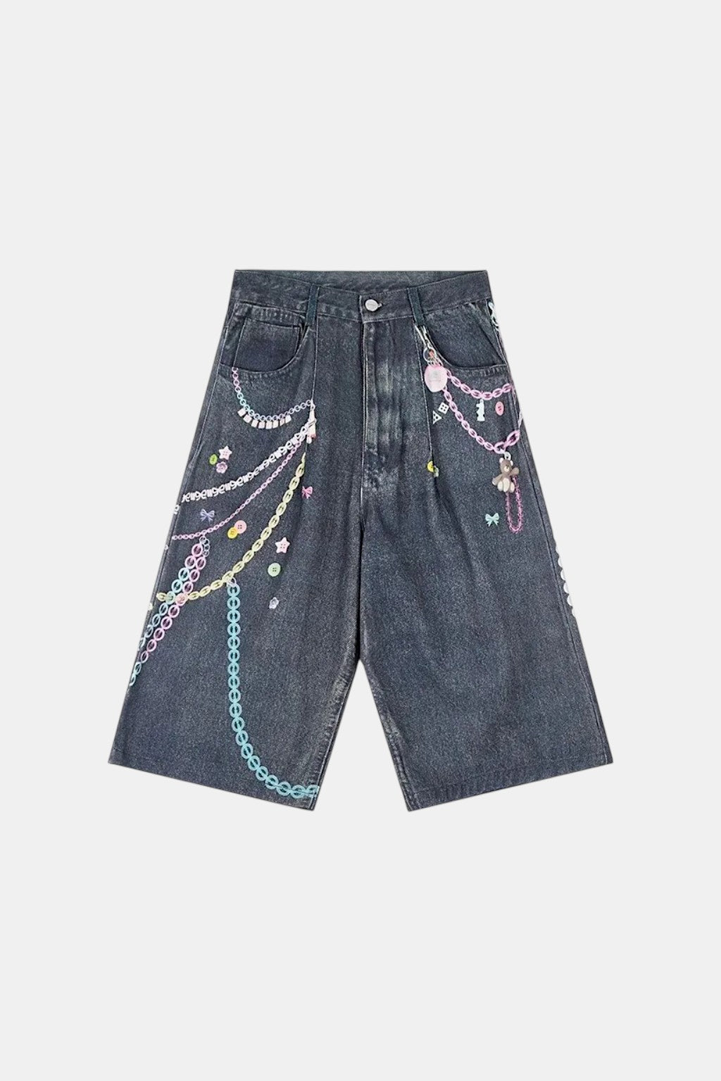 Chain Jort - grey denim shorts with layered beaded chain detailing, front view