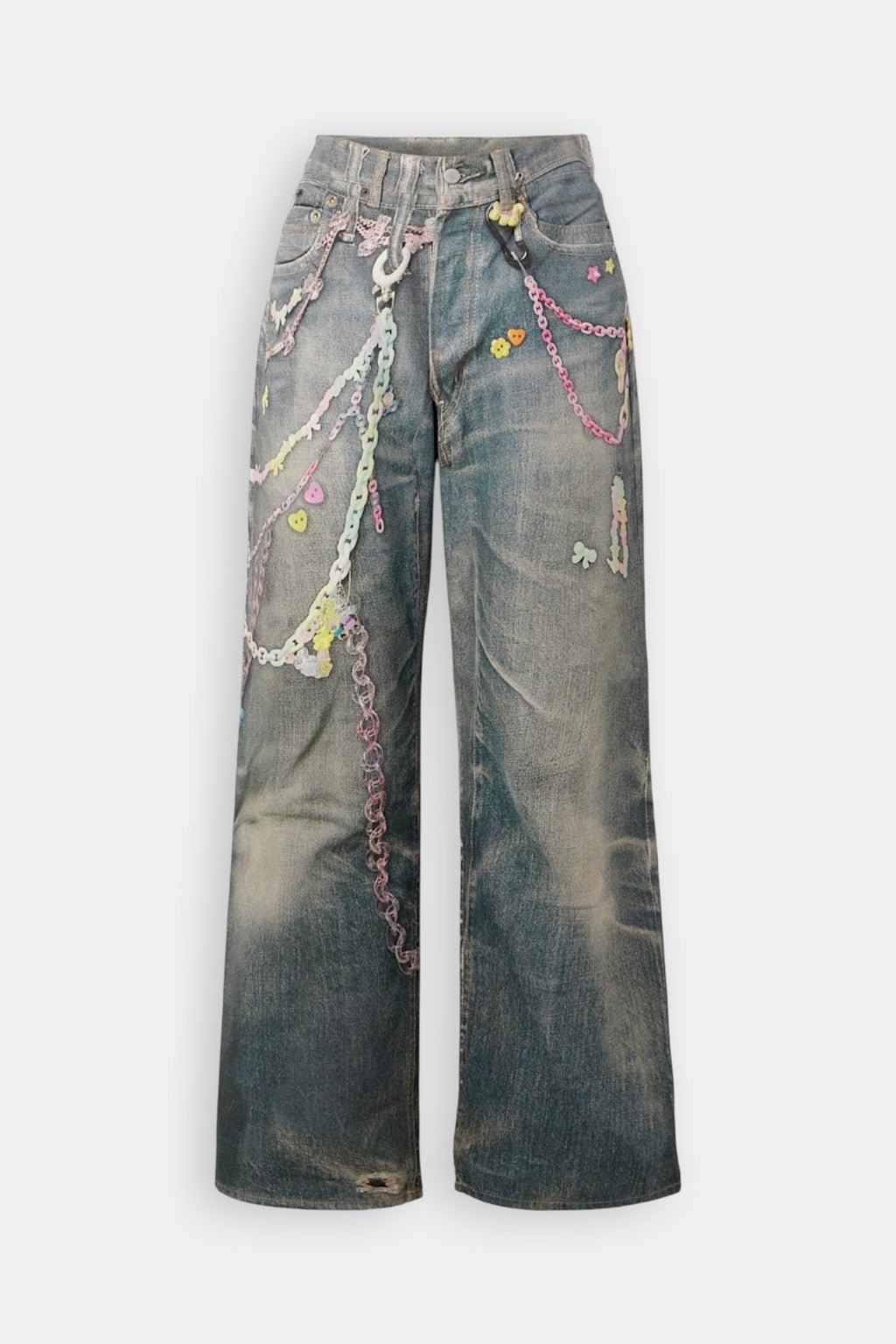 Chain Print Jeans - light wash jeans with beaded chain detailing, front view