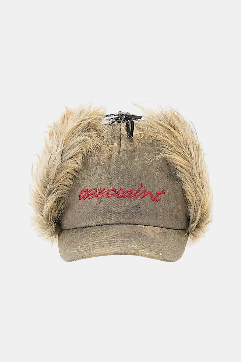 Chapka Hat - tan faux fur trapper hat with cursive script, front view
