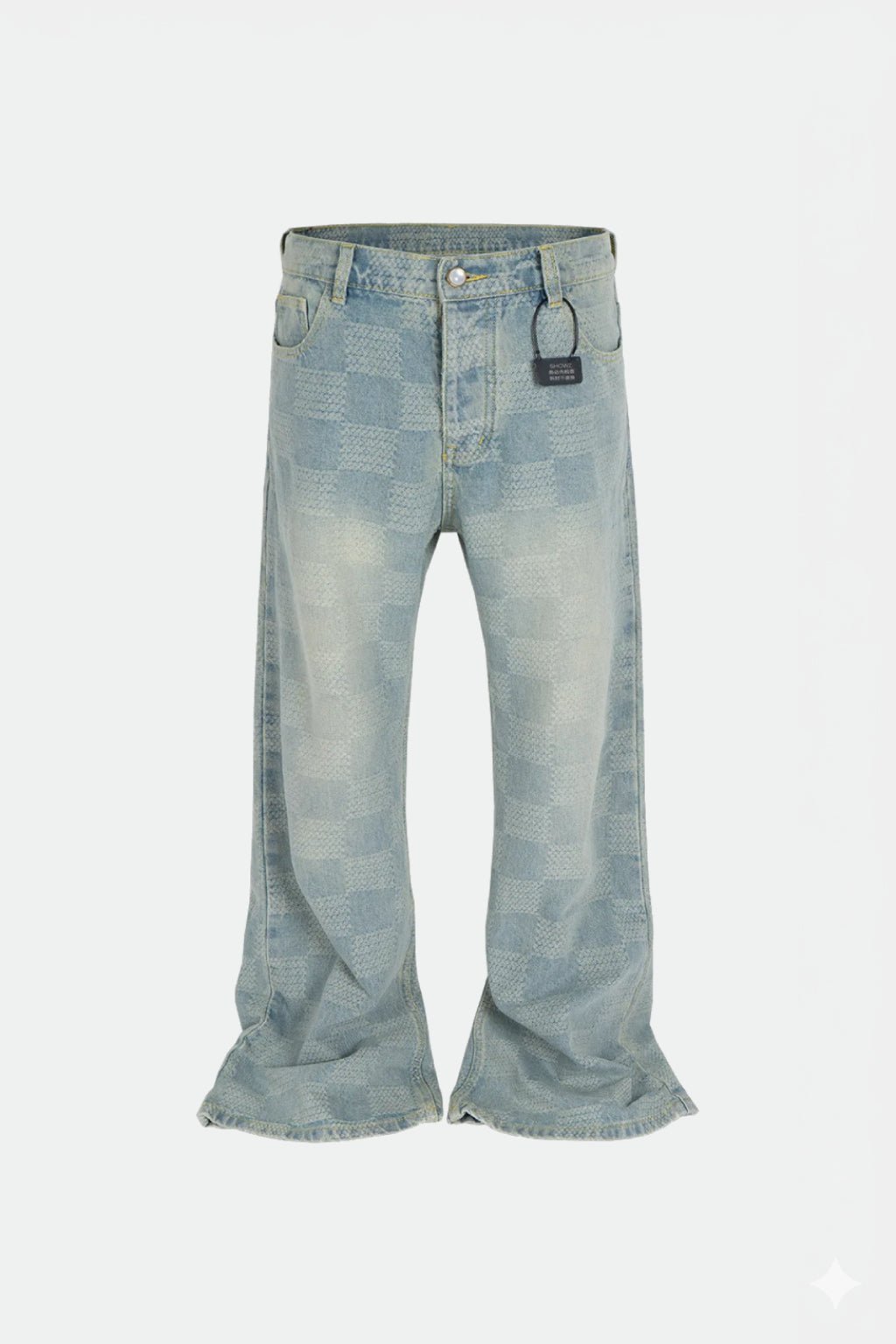 Checked Jeans - light wash flared jeans with tonal checkerboard texture, front view