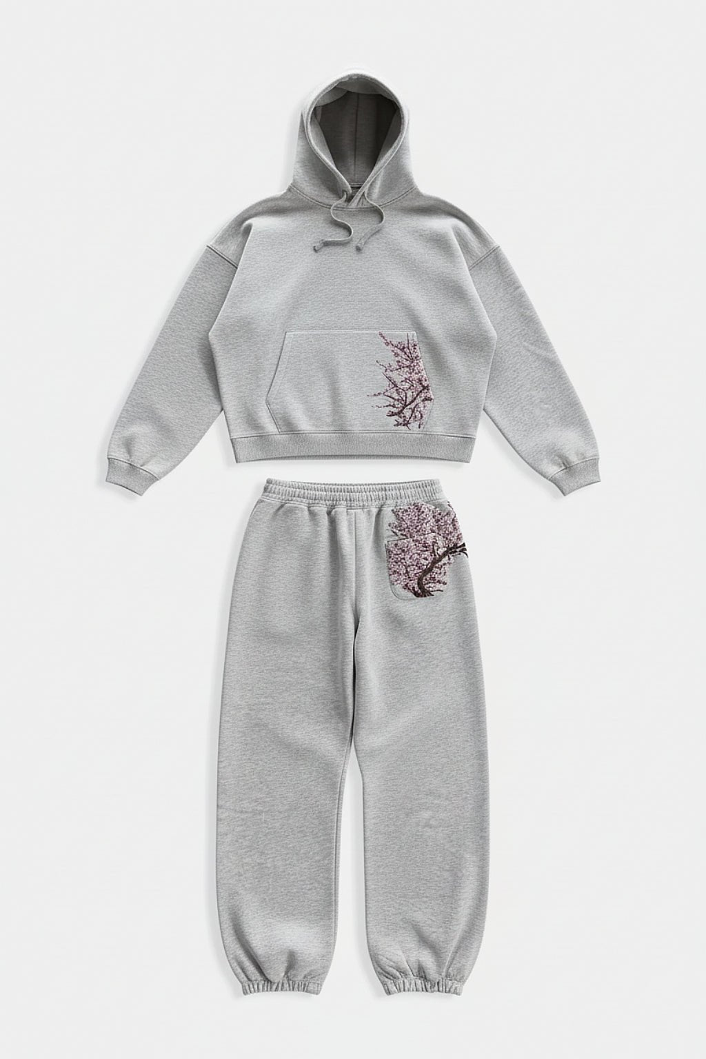 Cherry Blossom Set - grey cropped hoodie and joggers with blossom embroidery, front view