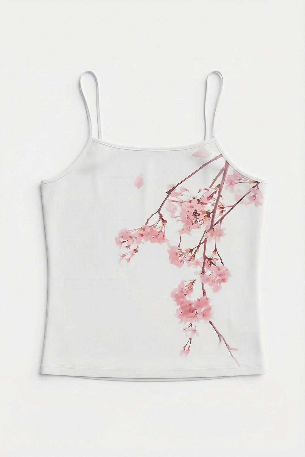 Cherry Blossom Tank Top - white cami with painterly pink cherry blossom branch print, front view