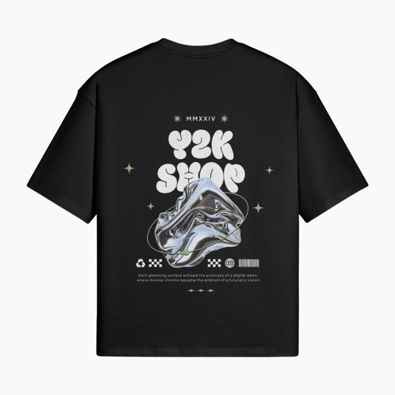 Chrome Aesthetic T-Shirt Y2K Shop - black boxy tee with abstract liquid chrome graphic, worn view