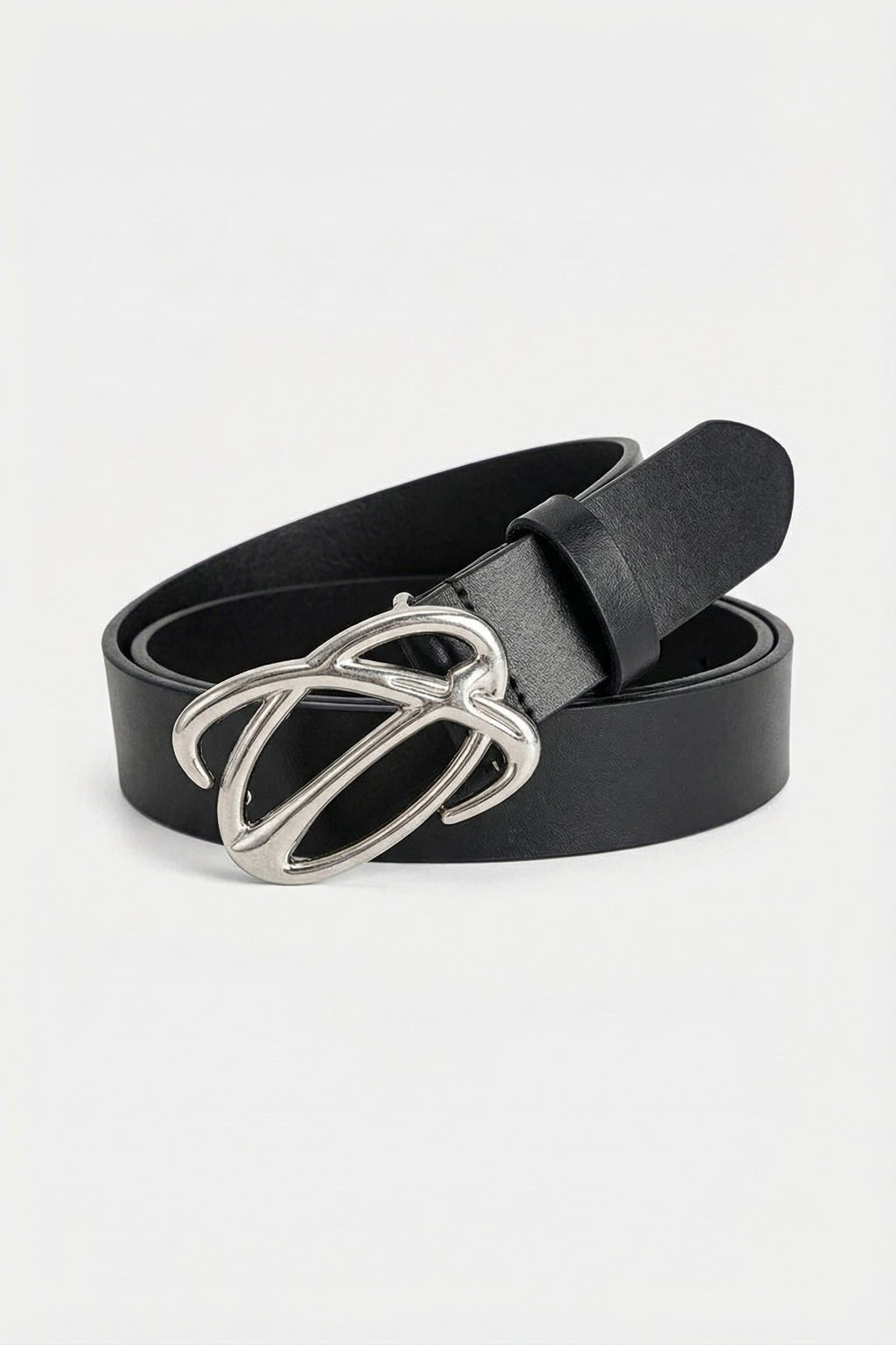 Chrome Buckle Belt - black belt with sculpted infinity chrome buckle, front view