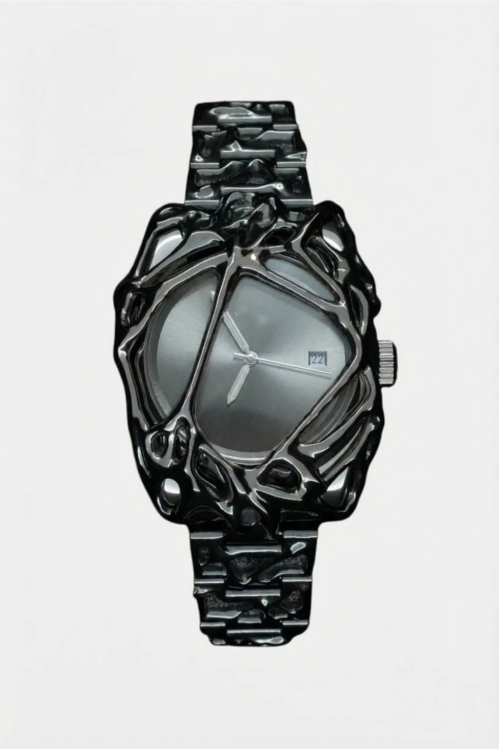 Chrome Watch - textured watch with caged bezel construction, front view