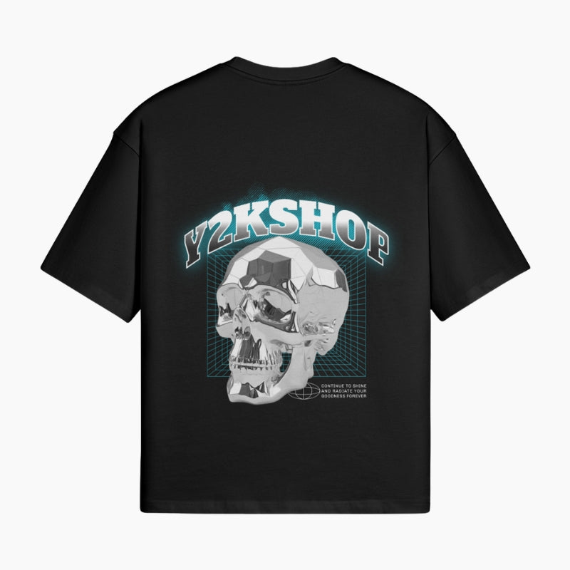 Chromecore T-Shirt Silver Skull - black boxy tee with liquid chrome skull graphic, worn view