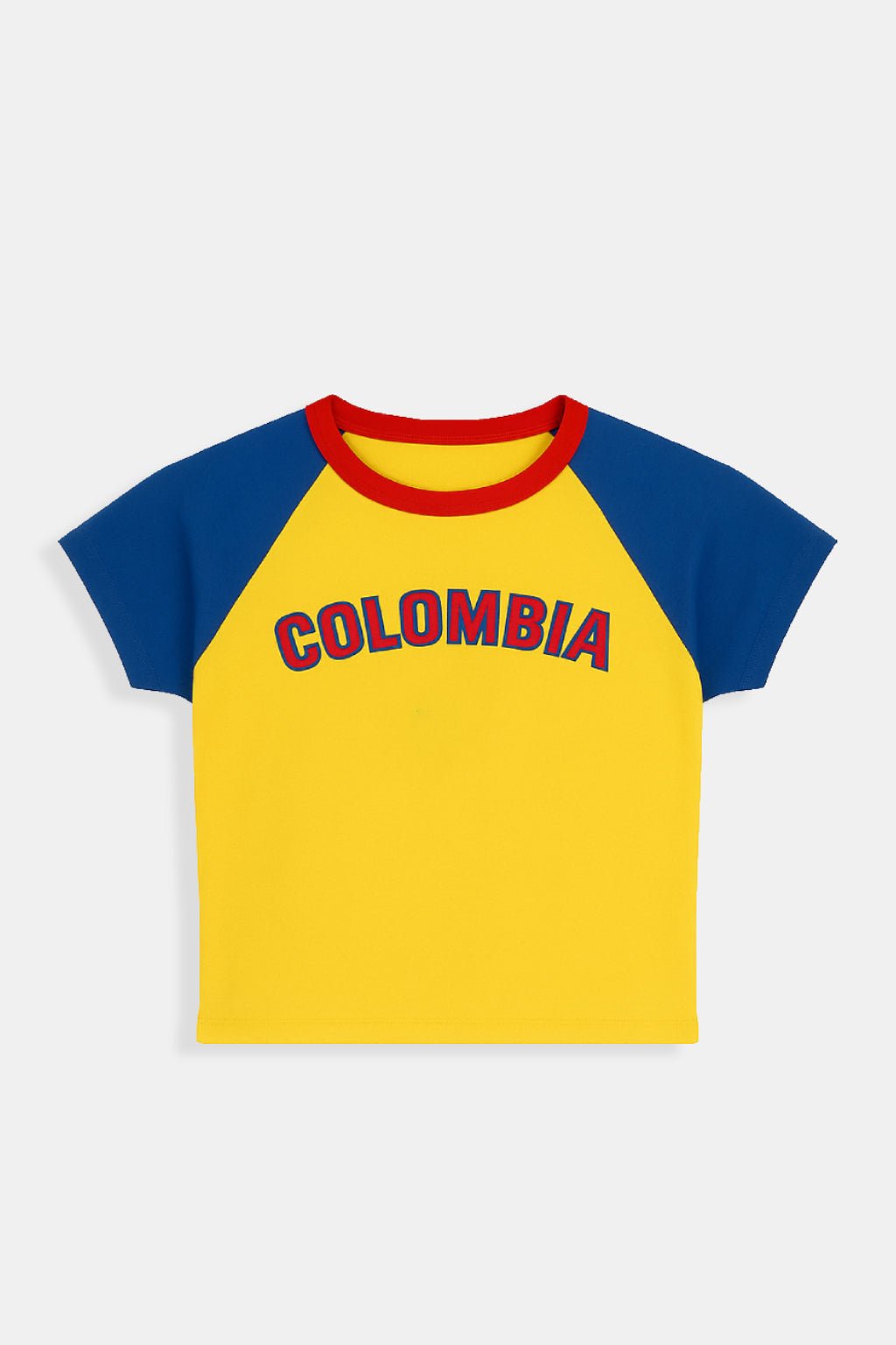 Colombia T Shirt - blue and yellow raglan t-shirt with Colombia graphic, front view