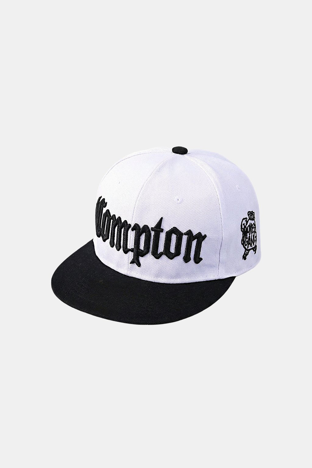 Compton Cap - white and black snapback with Compton lettering, front view