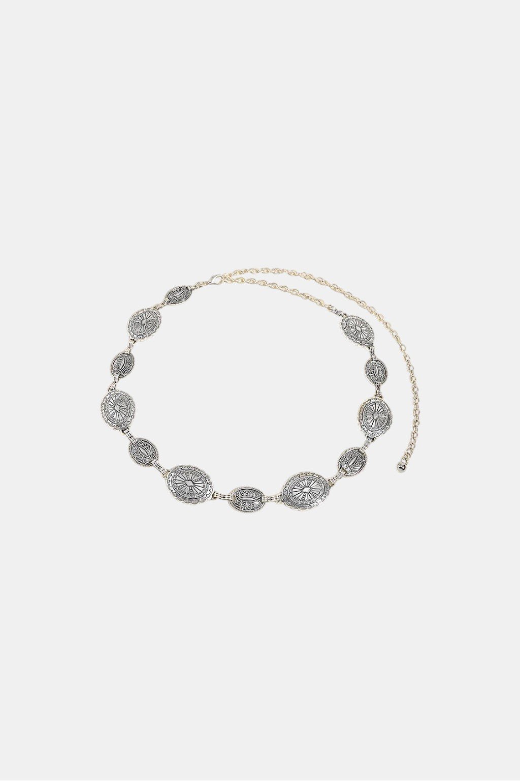 Concho Belt - cord belt with engraved silver concho discs, front view