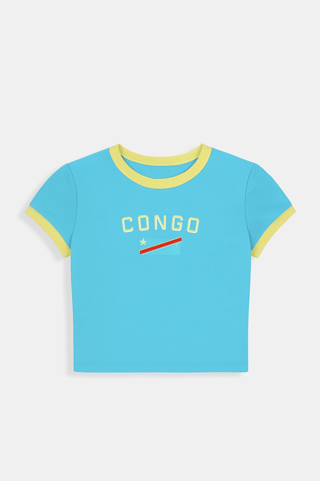 Congo T Shirt - blue ringer t-shirt with yellow trim and Congo flag graphic, front view