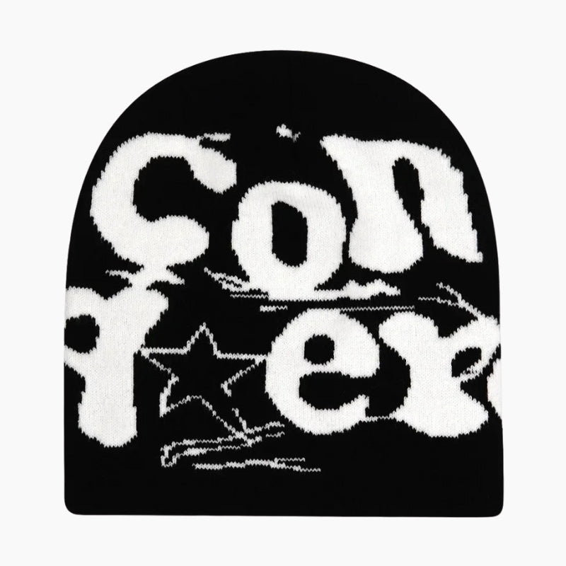 Core Beanie - black beanie with overlapping bubble type graphic, front view