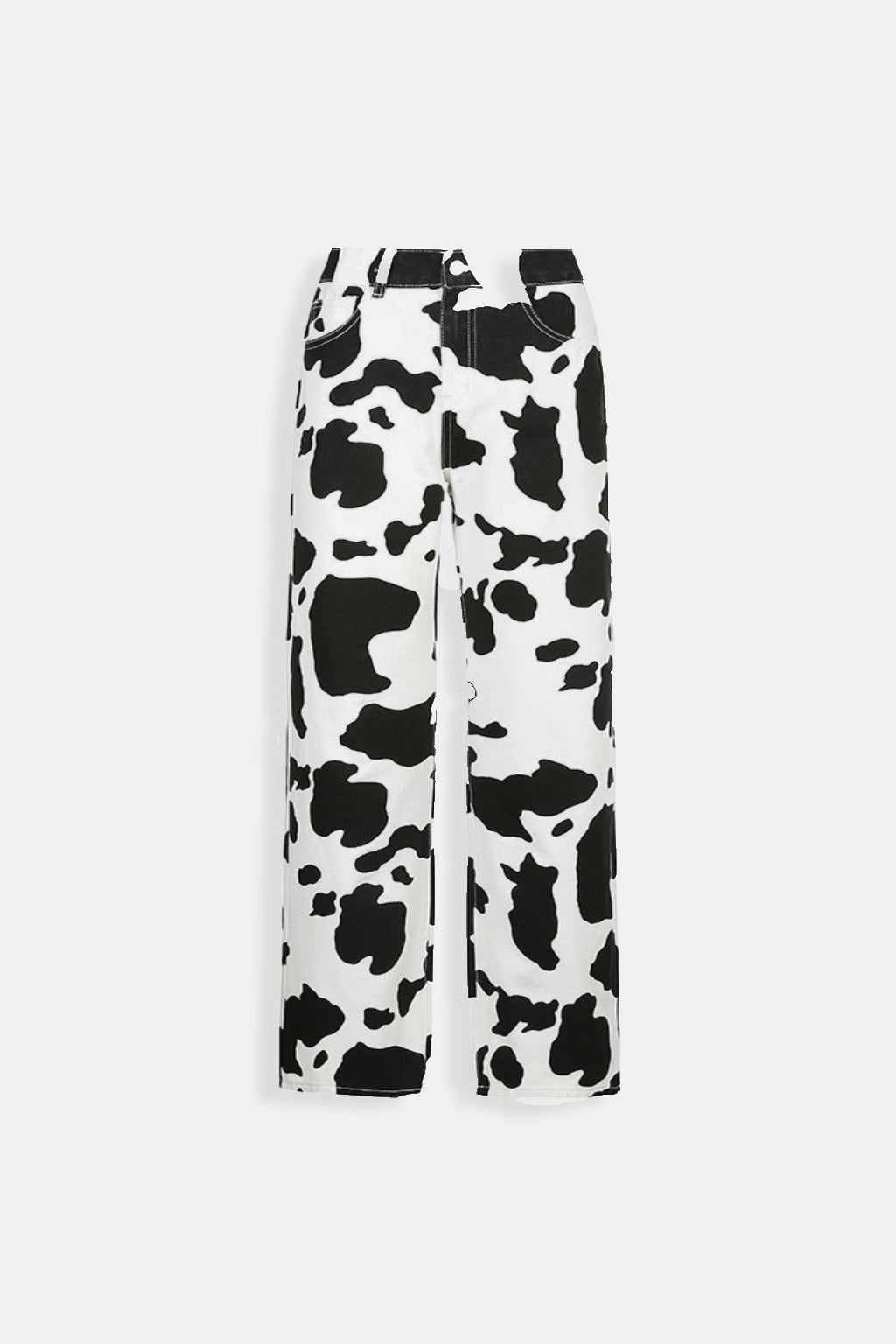 Cow Print Jeans - white jeans with all over black cow print spots, front view