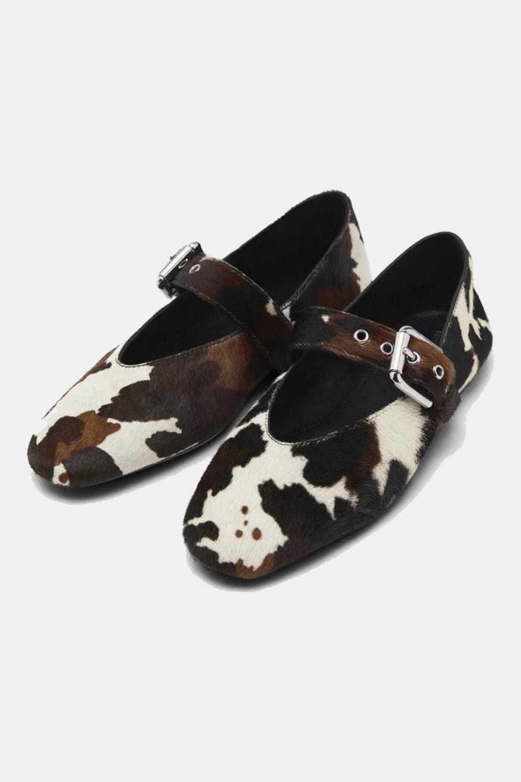 Cow Print Mary Jane - cow print calf hair Mary Jane flats, front view