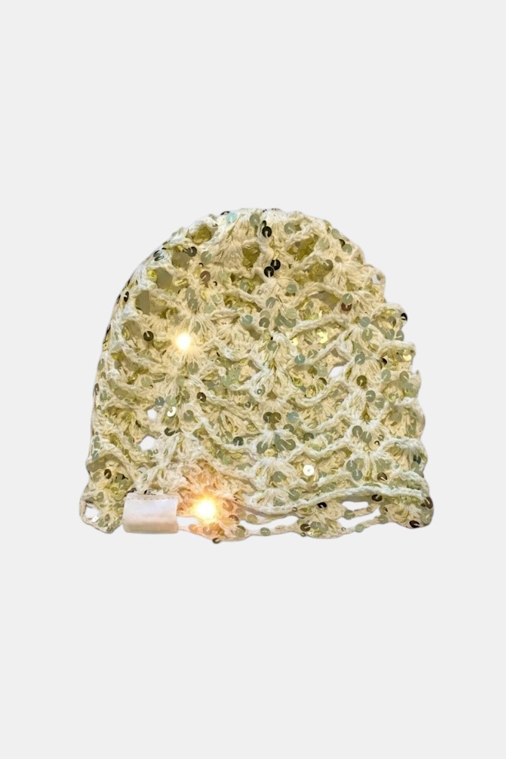 Crochet Beanie - gold sequin crochet beanie with LED accent, front view