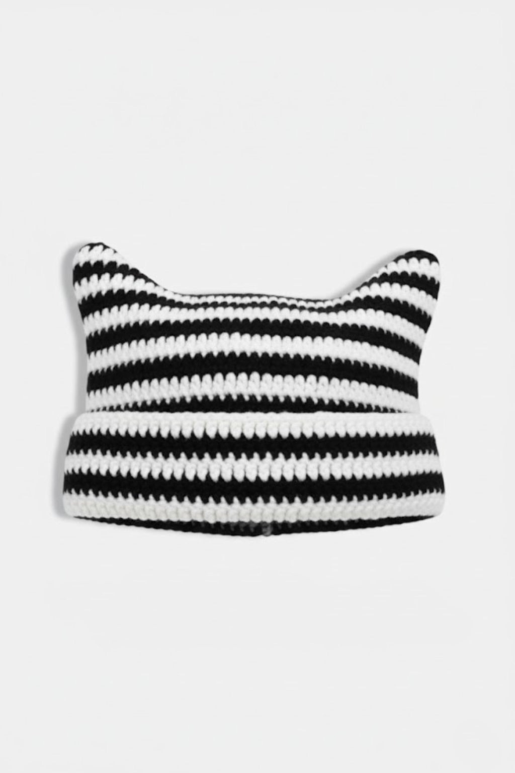Crochet Cat Beanie - black and white striped beanie with ear detail, front view