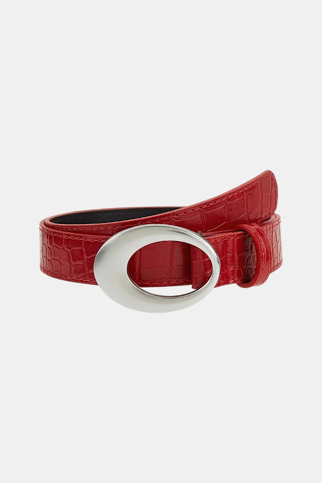 Crocodile Belt - red croc embossed belt with oval buckle, front view