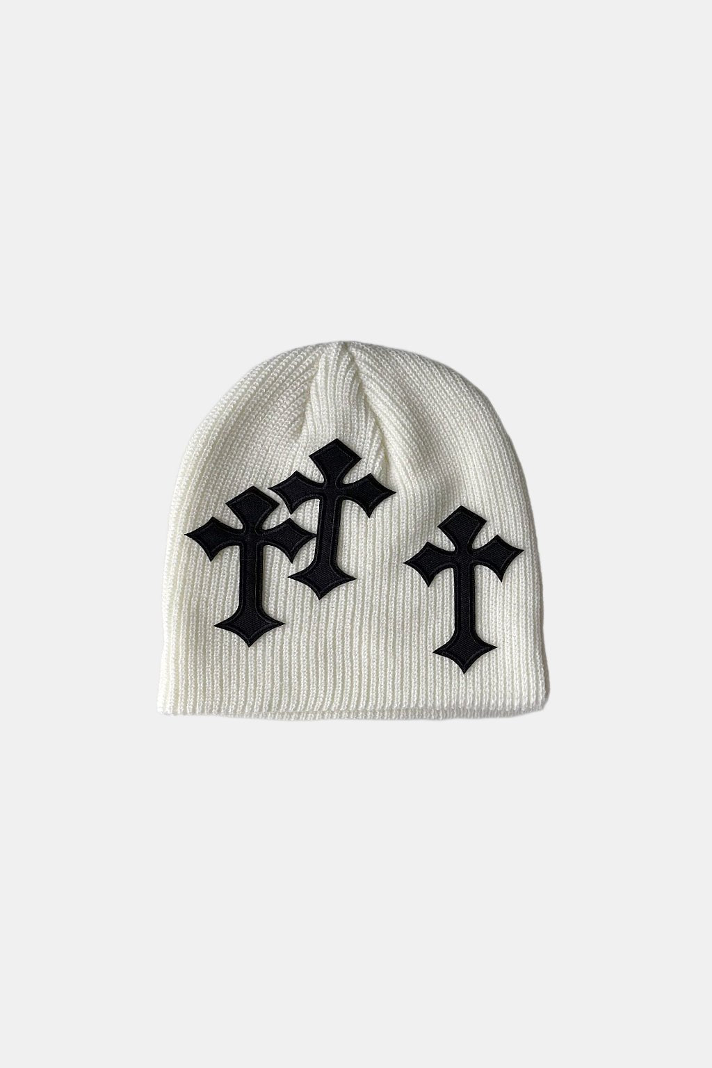 Cross Beanie - cream ribbed beanie with stacked cross graphics, front view