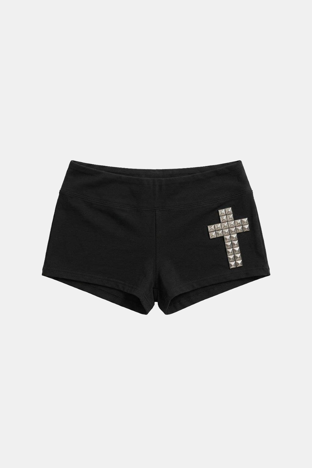 Cross Short - black fitted shorts with rhinestone cross detail on hip, front view