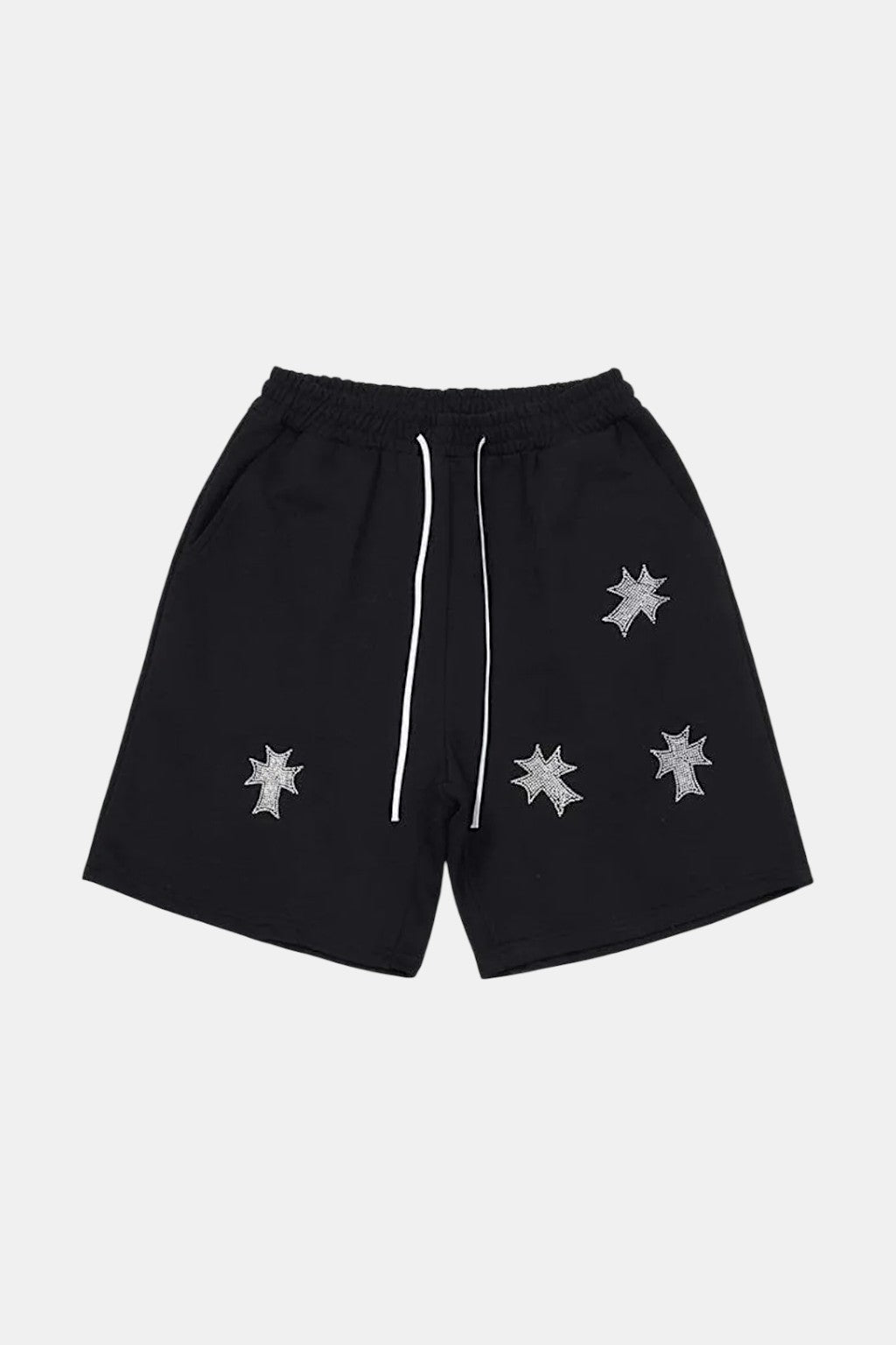 Cross Shorts - black sweat shorts with scattered star patch graphics, front view