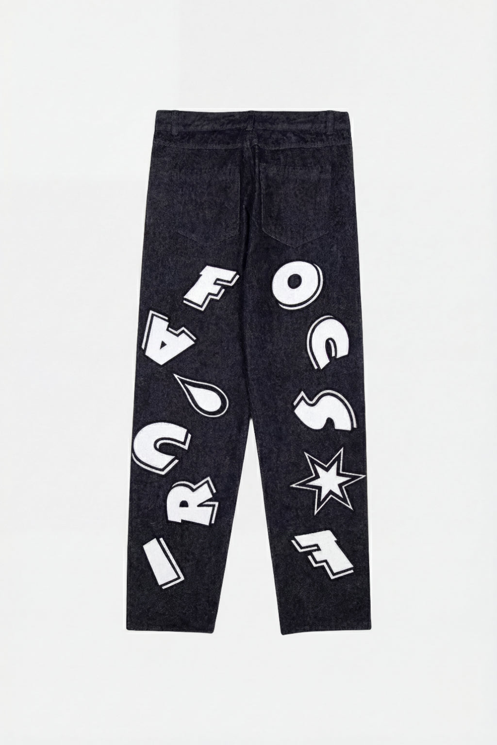 Custom Baggy Jeans - navy wide leg jeans with fragmented text graphic, front view