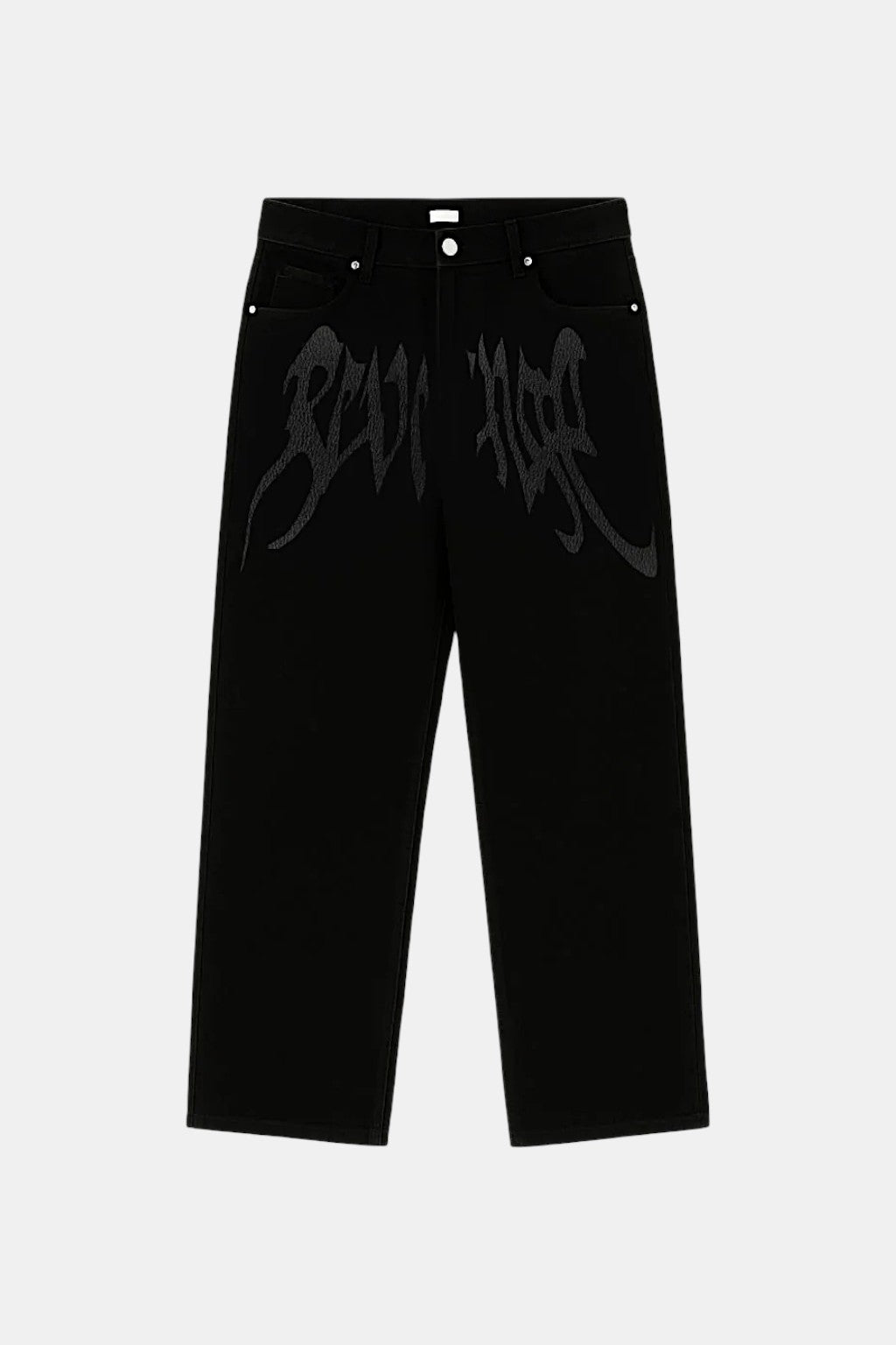 Custom Black Jeans - black jeans with dripping tag graphic at waist, front view