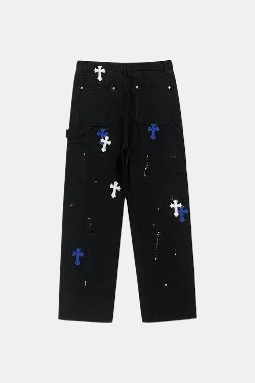 Custom Cross Jeans - black jeans with blue cross graphics and paint splatter, front view
