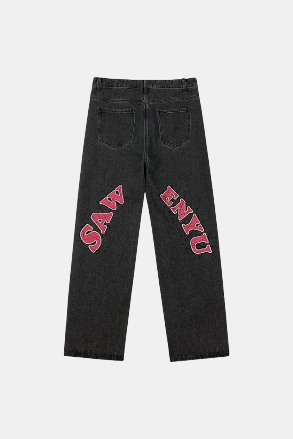 Custom Design Jeans - grey jeans with arched collegiate text graphic, front view