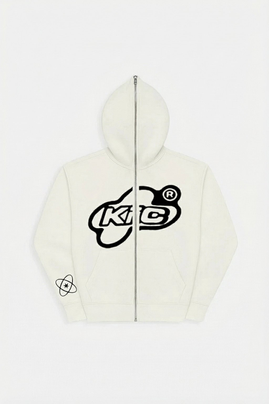 Custom Full Zip Hoodies - off-white zip hoodie with circular badge logo graphic, front view
