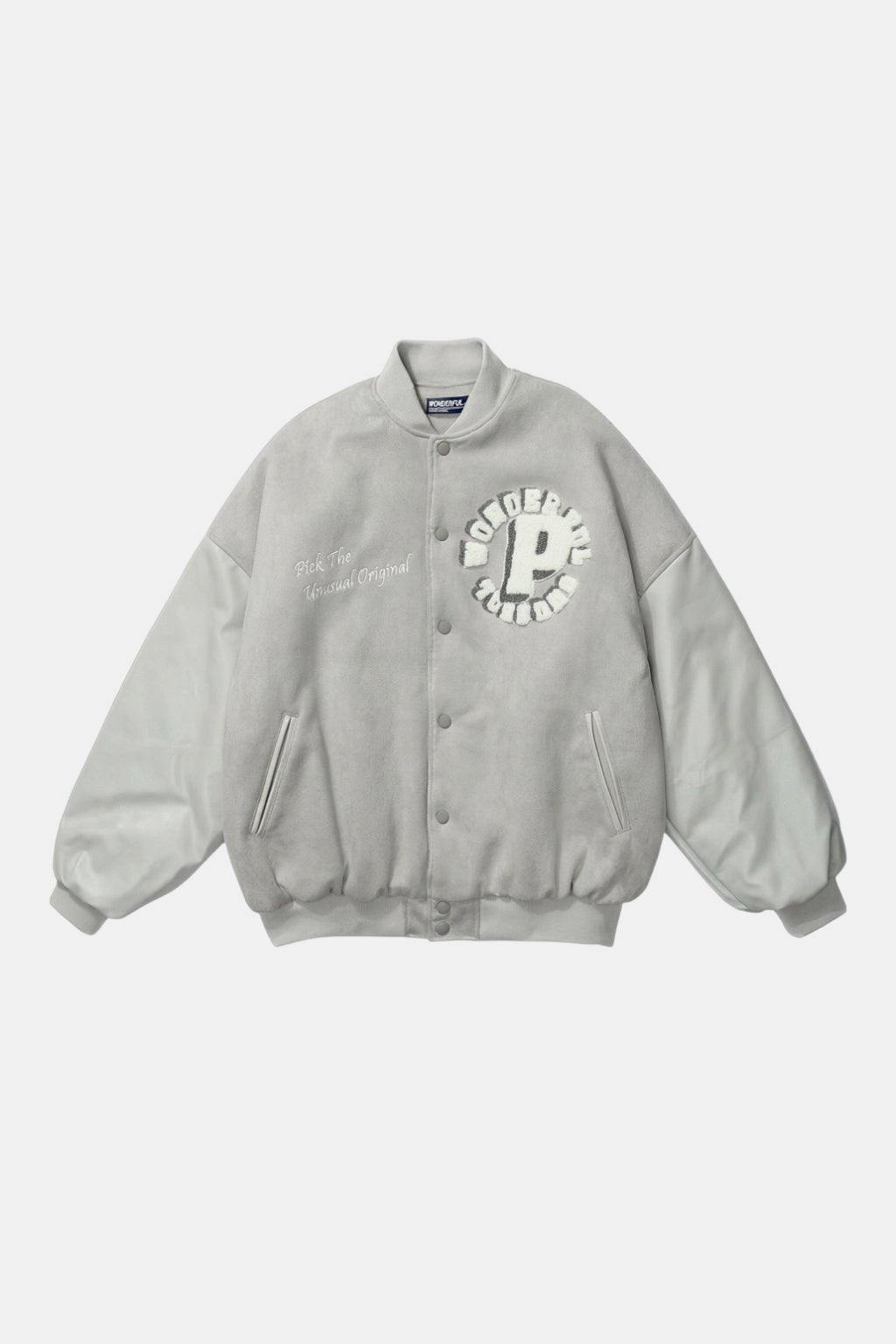 Custom Varsity Jacket - grey tonal varsity jacket with circular P emblem patch, front view