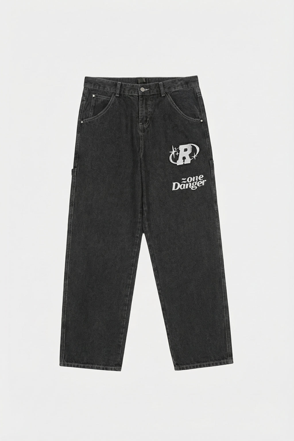 Cyber Y2K Jeans - washed black carpenter jeans with letter emblem graphic, front view