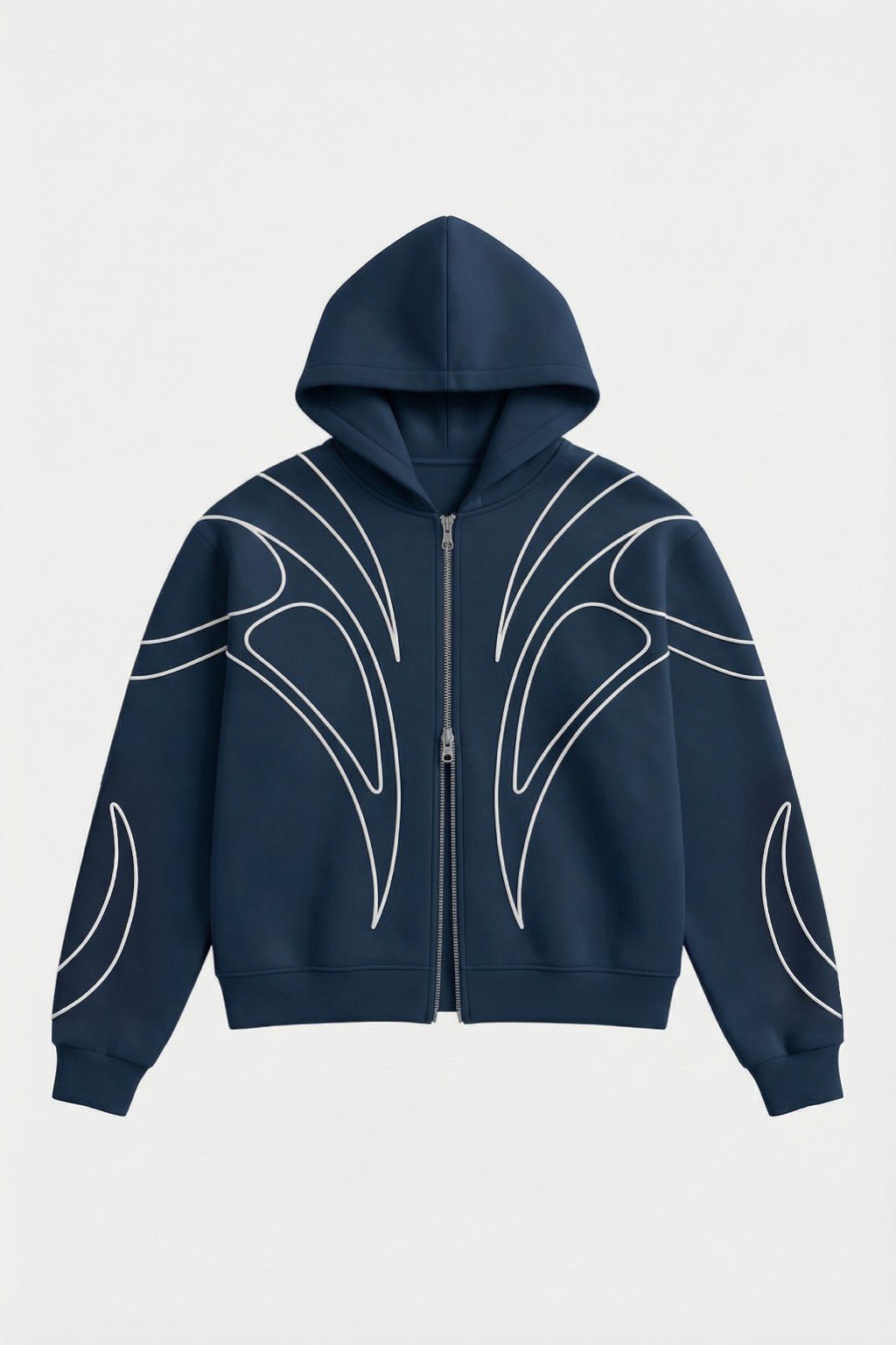 Cyber Y2K Sweatshirt - navy zip hoodie with white line-work graphic on chest and sleeves, front view