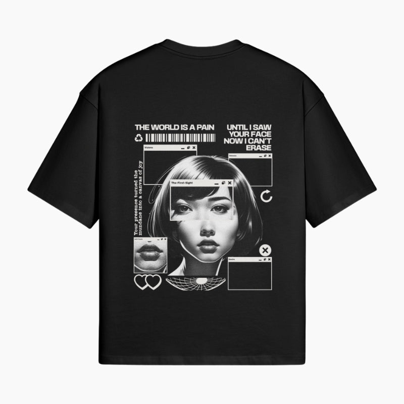 Cyberlove T-Shirt Digital Emotions - black boxy tee with fractured portrait glitch graphic, worn view