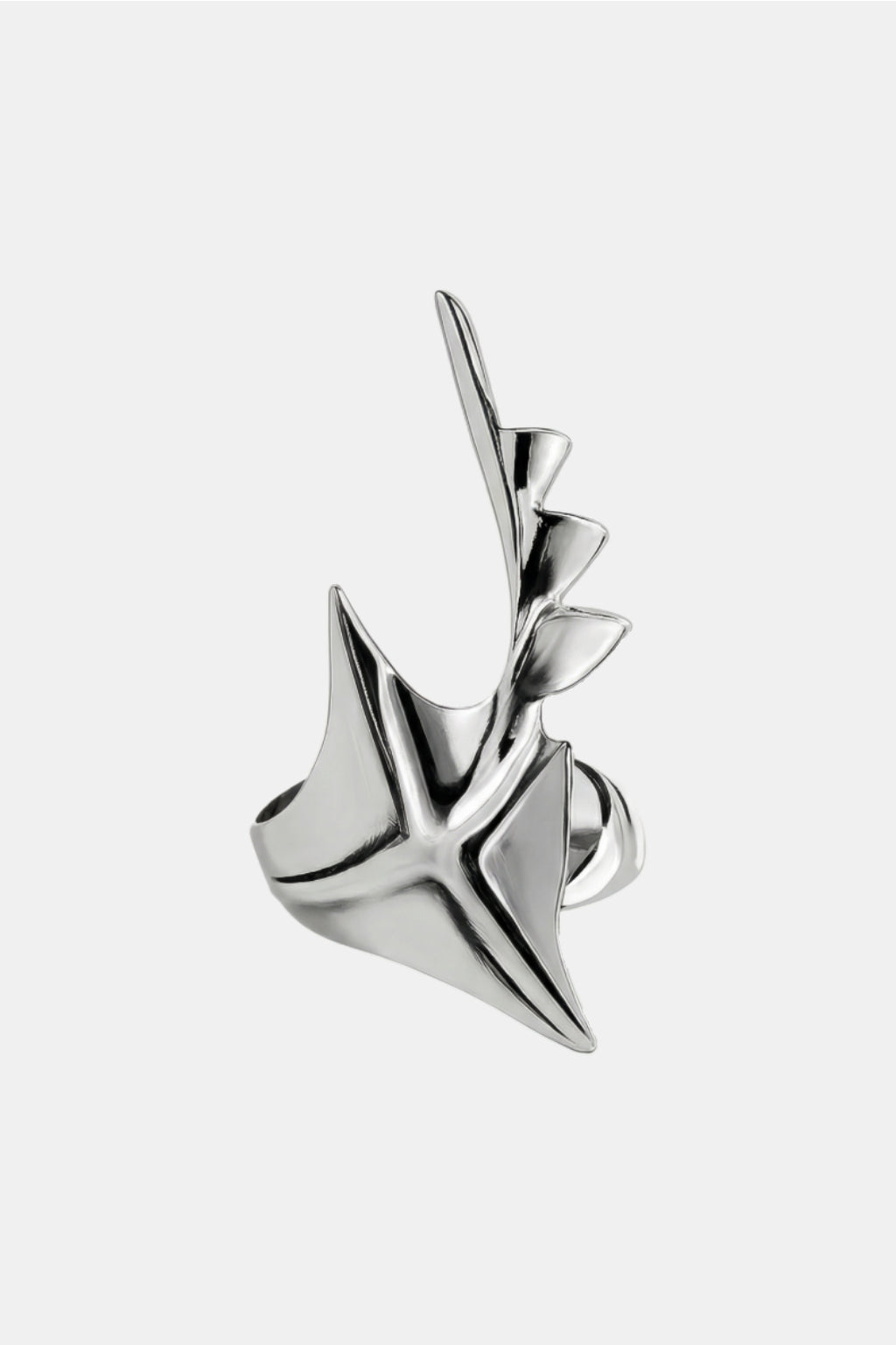 Cyberpunk Ring - silver sculptural ring with angular spike points, front view