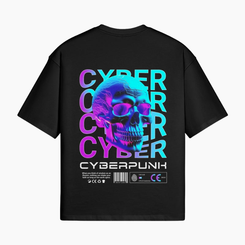 Cyberpunk T-Shirt Neon Skull - black boxy tee with glowing teal skull and glitched Cyber graphic, worn view