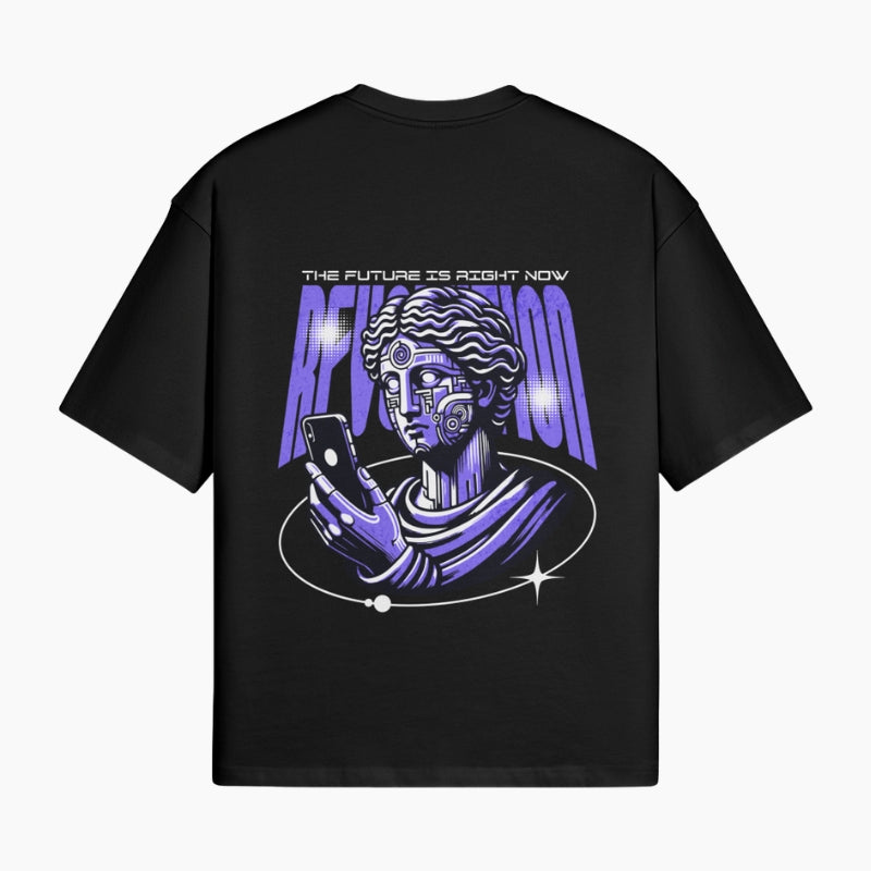 Cyberpunk T-Shirt Revolution - black boxy tee with classical statue graphic, worn view