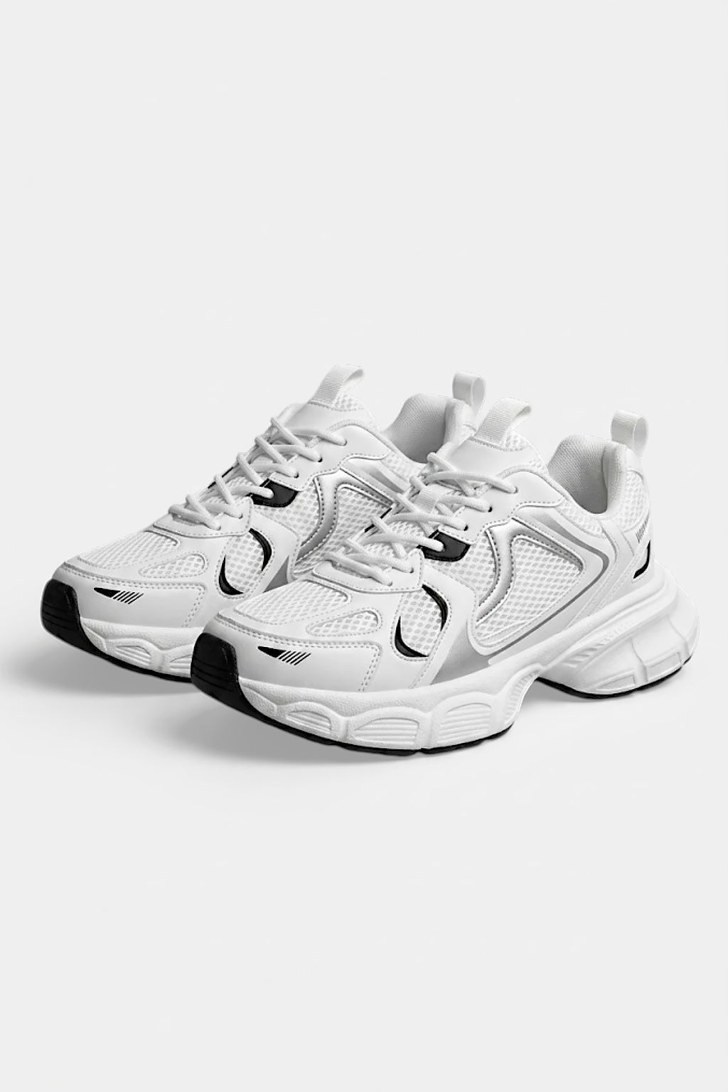 Dad Shoes - white and grey chunky sneakers with thick sole, front view
