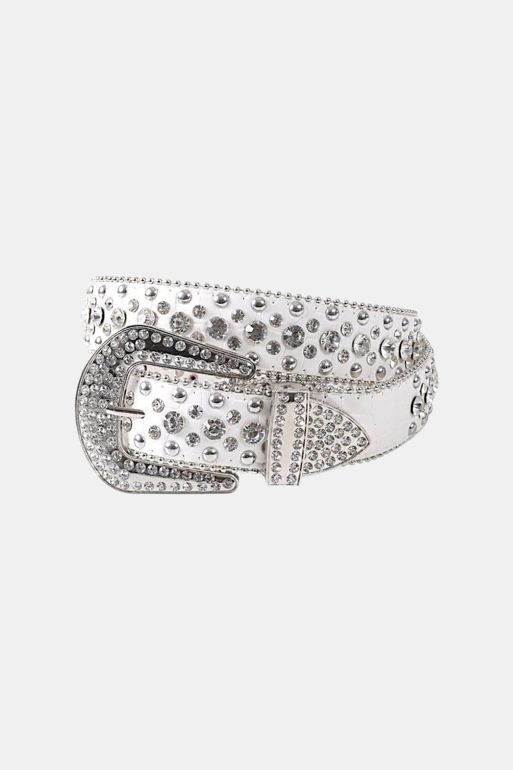 Designer Belt With Diamonds - white belt with fully rhinestone set buckle, front view