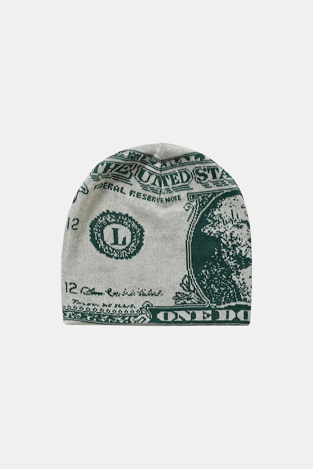 Dollar Beanie - beanie with all over currency print, front view