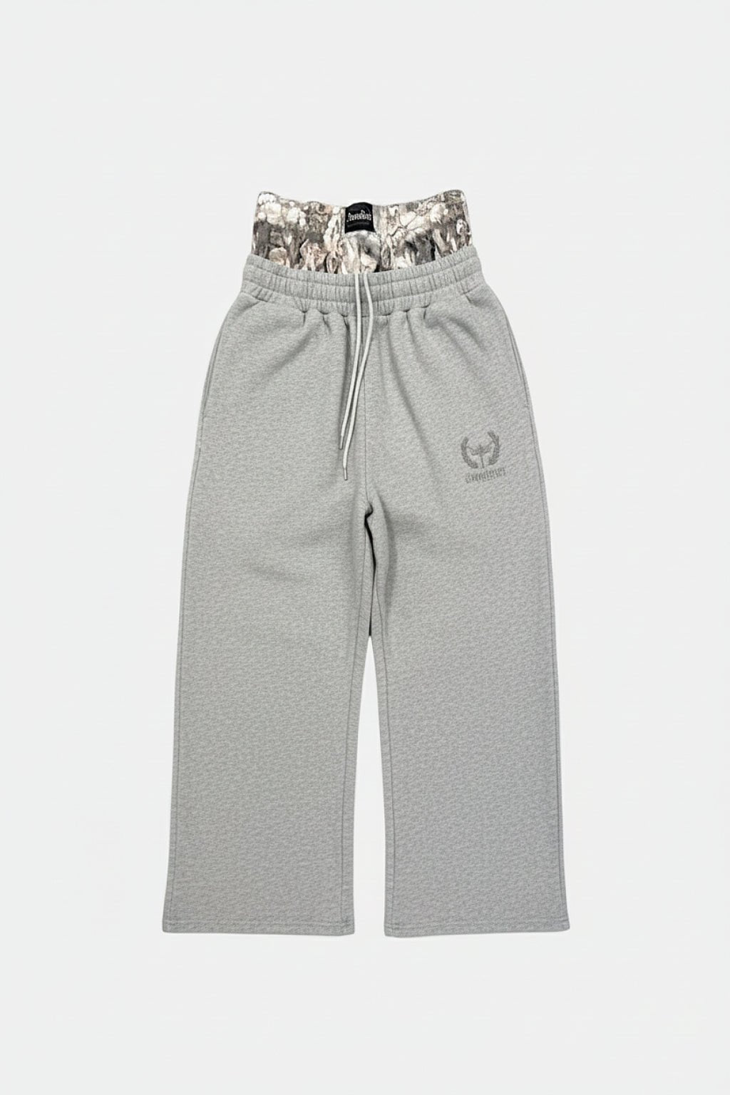 Double Belt Joggers - grey joggers with printed foldover waistband, front view