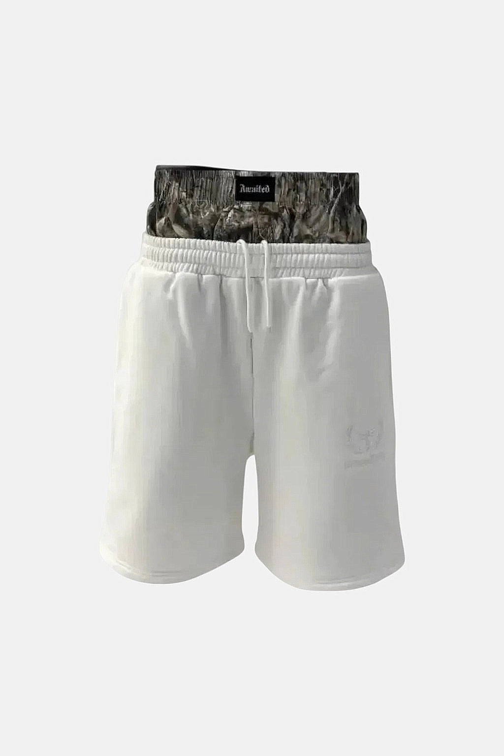 Double Waist Jean Shorts - white shorts with camo foldover waistband, front view