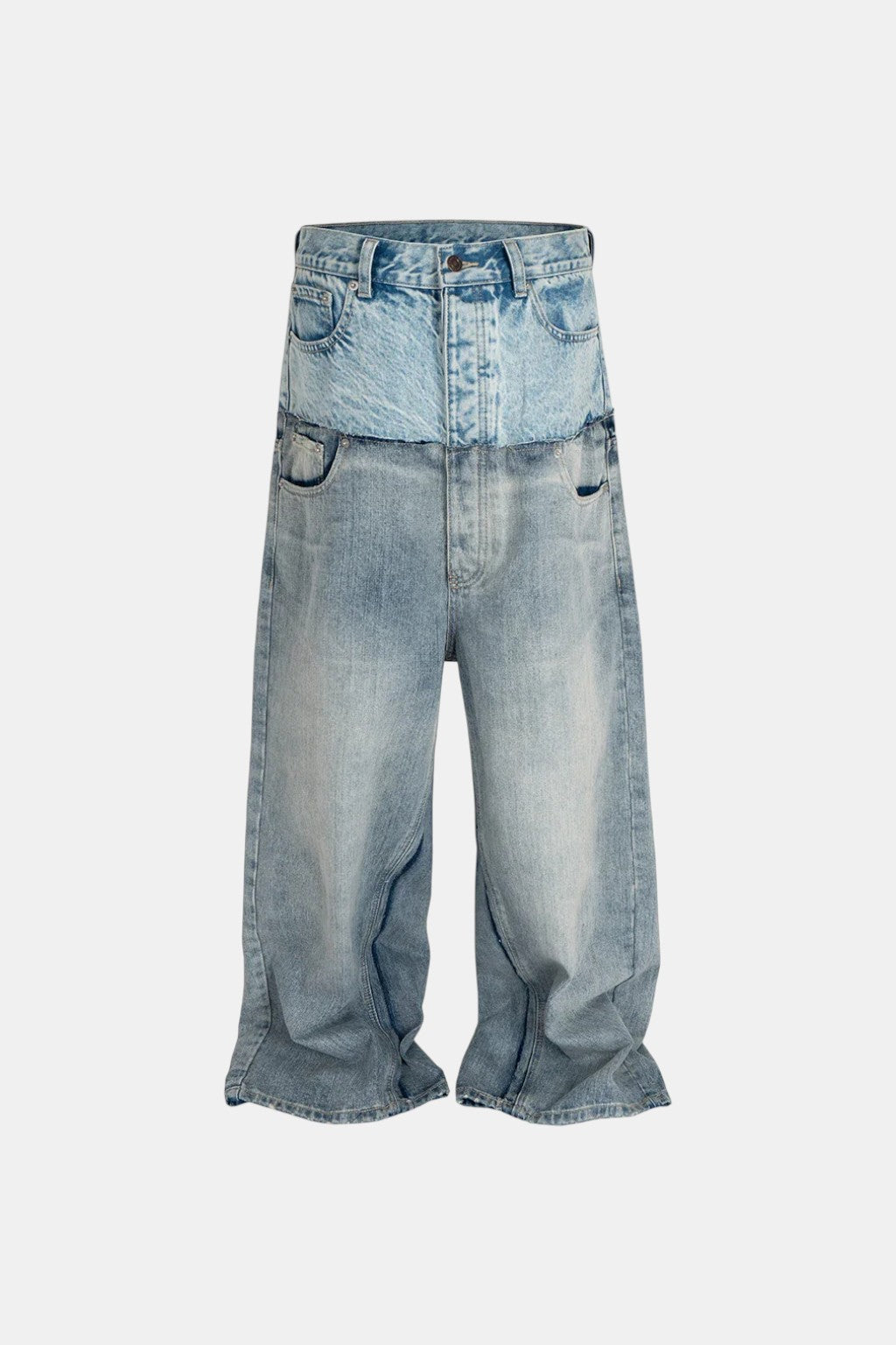 Double Waist Jeans - dark wash jeans with lighter denim foldover waistband, front view